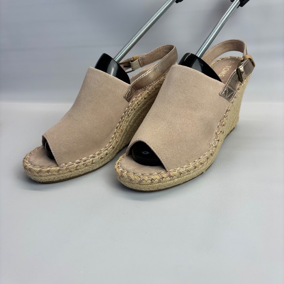 TOMS Women's Wedge Sandals Espadrille Peep Toe Ankle Strap Beige Size 9 - Picture 2 of 10